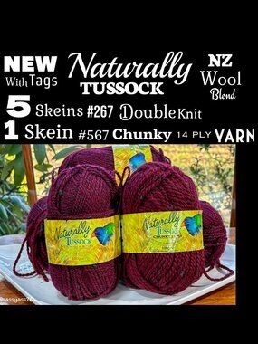 🆕NWT▪️NATURALLY TUSSOCK▪️5 Skeins #267 Double Knit 1 Skein #567 Chunky Yarn